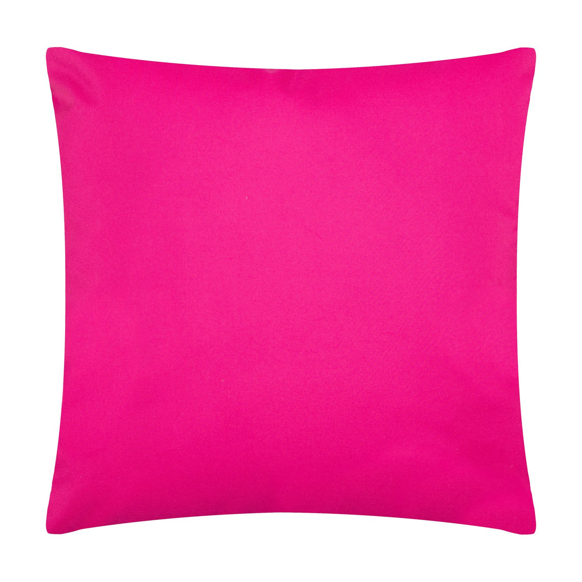 House of Bloom Poppy outdoor cushion, 43 x 43cm square, reverse side shown in plain bright pink polyester fabric against a white background.