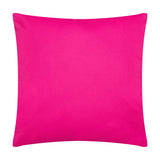 House of Bloom Poppy outdoor cushion, 43 x 43cm square, reverse side shown in plain bright pink polyester fabric against a white background.