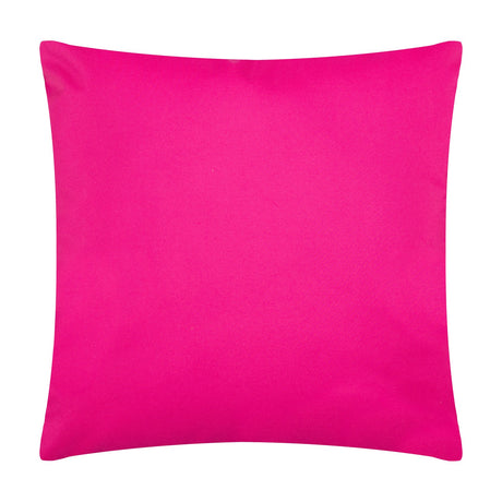 House of Bloom Poppy outdoor cushion, 43 x 43cm square, reverse side shown in plain bright pink polyester fabric against a white background.