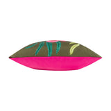 Side view of the House of Bloom Floral Polyester Cushion in olive, showing pink and green floral embroidery on one edge and a plain bright pink reverse panel, on a white background.