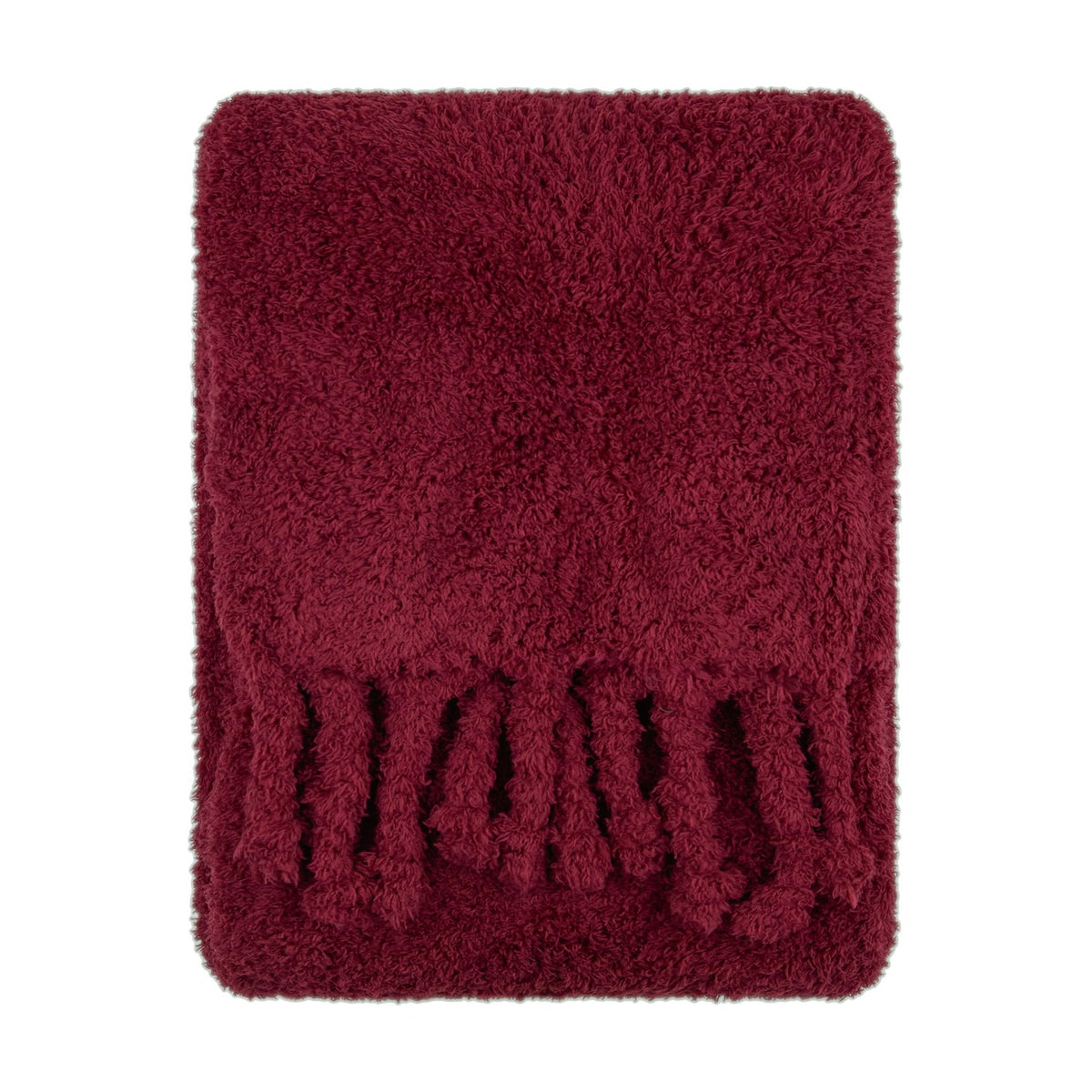 Harlan Borg Sherpa Plain Polyester Throw in burgundy, showing dense curly pile fleece with twisted tassel fringe along one edge, shown flat on a plain white background.