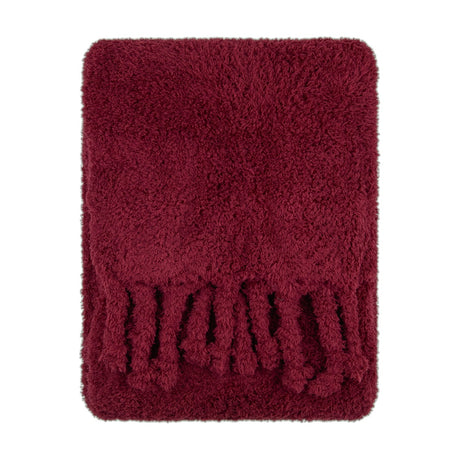Harlan Borg Sherpa Plain Polyester Throw in burgundy, showing dense curly pile fleece with twisted tassel fringe along one edge, shown flat on a plain white background.