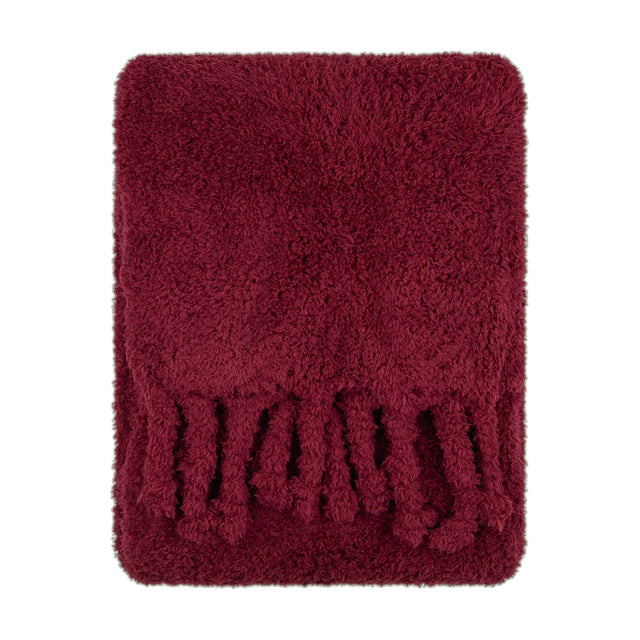 Harlan Borg Sherpa Plain Polyester Throw in burgundy, showing dense curly pile fleece with twisted tassel fringe along one edge, shown flat on a plain white background.