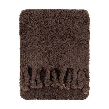 Harlan Borg Sherpa Plain Polyester Throw in chocolate brown, plush curly-pile fabric with twisted tassel fringe along one edge, shown flat on a plain white background.
