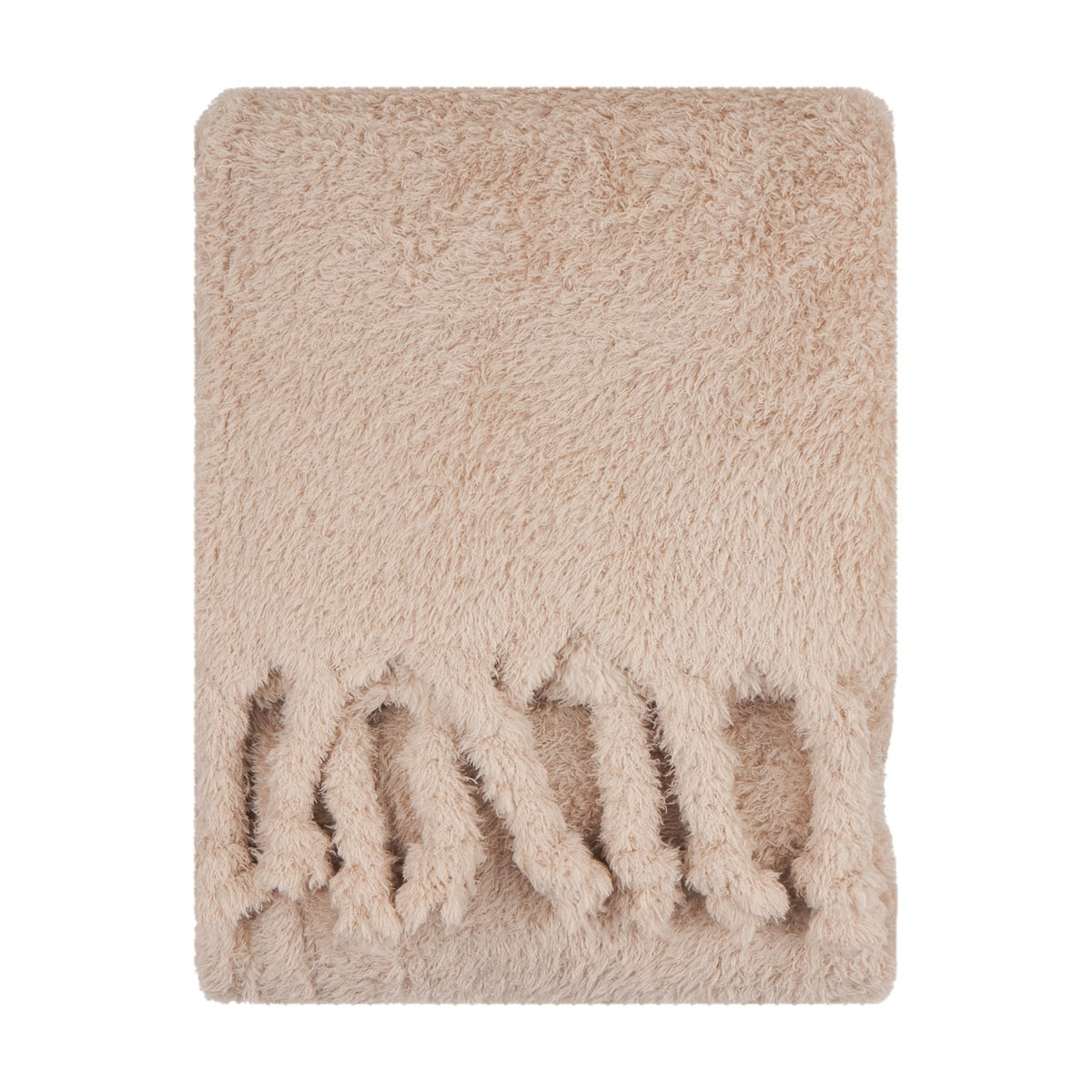 Harlan Borg Sherpa Plain Polyester Throw in natural beige, shown folded with twisted tassel fringe on textured borg pile, against a plain white background.