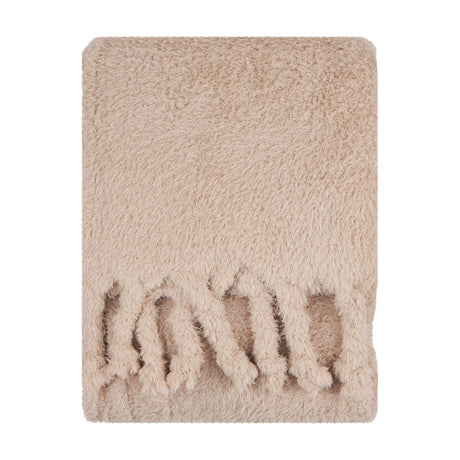 Harlan Borg Sherpa Plain Polyester Throw in natural beige, shown folded with twisted tassel fringe on textured borg pile, against a plain white background.