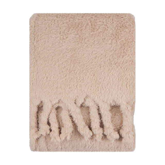 Harlan Borg Sherpa Plain Polyester Throw in natural beige, shown folded with twisted tassel fringe on textured borg pile, against a plain white background.