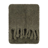 Harlan Borg Sherpa Plain Polyester Throw in olive green with a dense curly-piled texture and twisted tassel fringe along one end, shown on a plain white background.