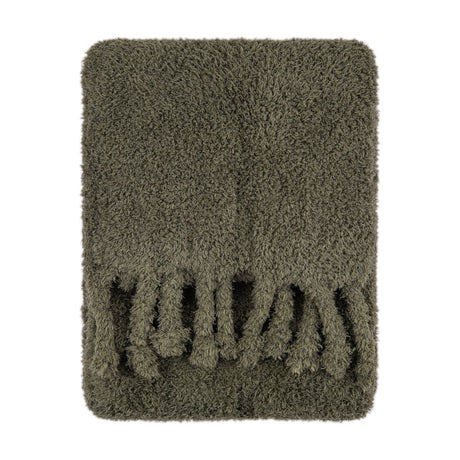 Harlan Borg Sherpa Plain Polyester Throw in olive green with a dense curly-piled texture and twisted tassel fringe along one end, shown on a plain white background.