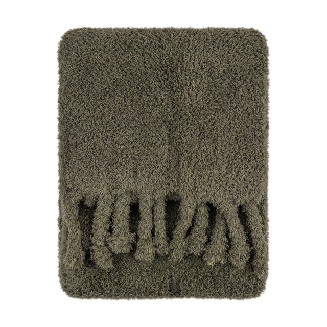 Harlan Borg Sherpa Plain Polyester Throw in olive green with a dense curly-piled texture and twisted tassel fringe along one end, shown on a plain white background.