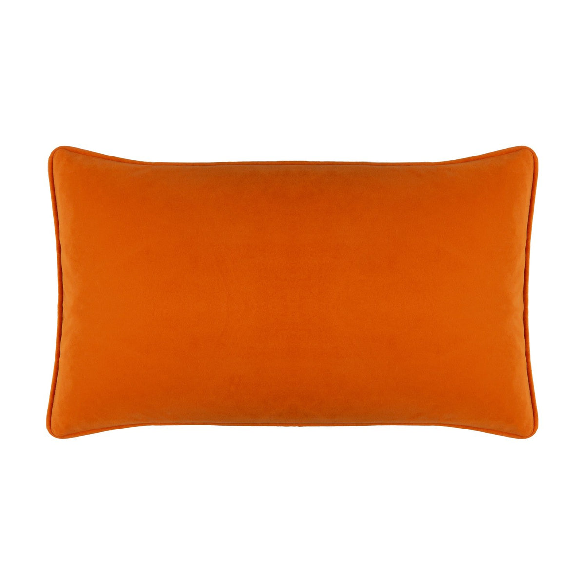 Rectangular orange velvet cushion with piped edging, shown plain on a white background, from the House of Bloom Floral Velvet Cushion range.