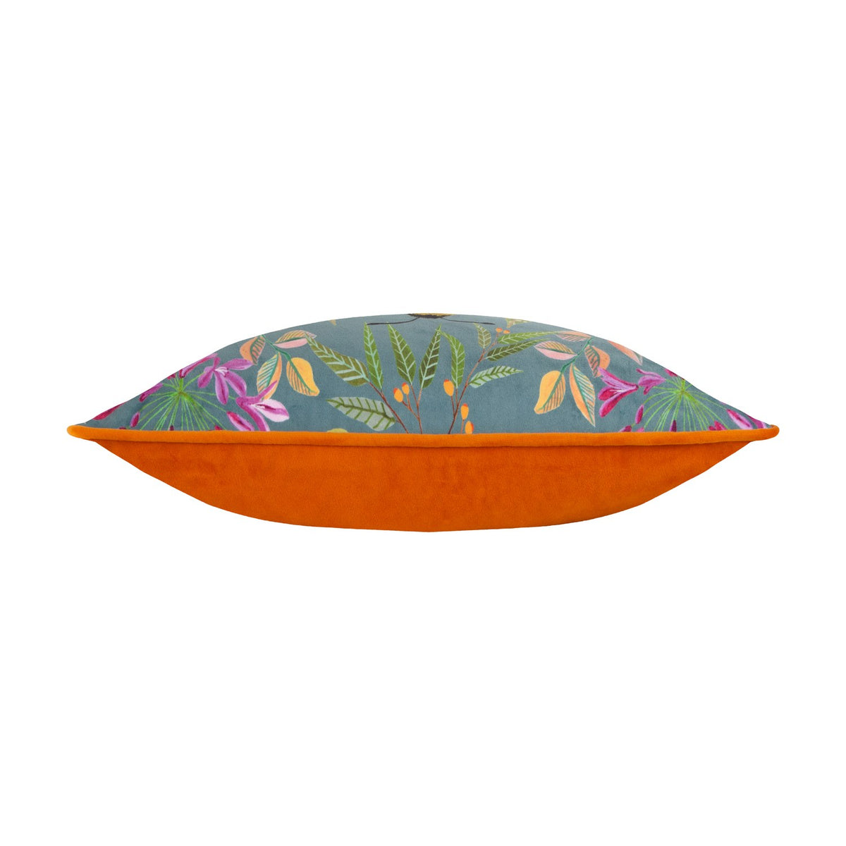 Side view of the House of Bloom Floral Velvet Cushion, showing blue-grey floral velvet front with pink and orange blooms, plain orange velvet back, set on a white background.
