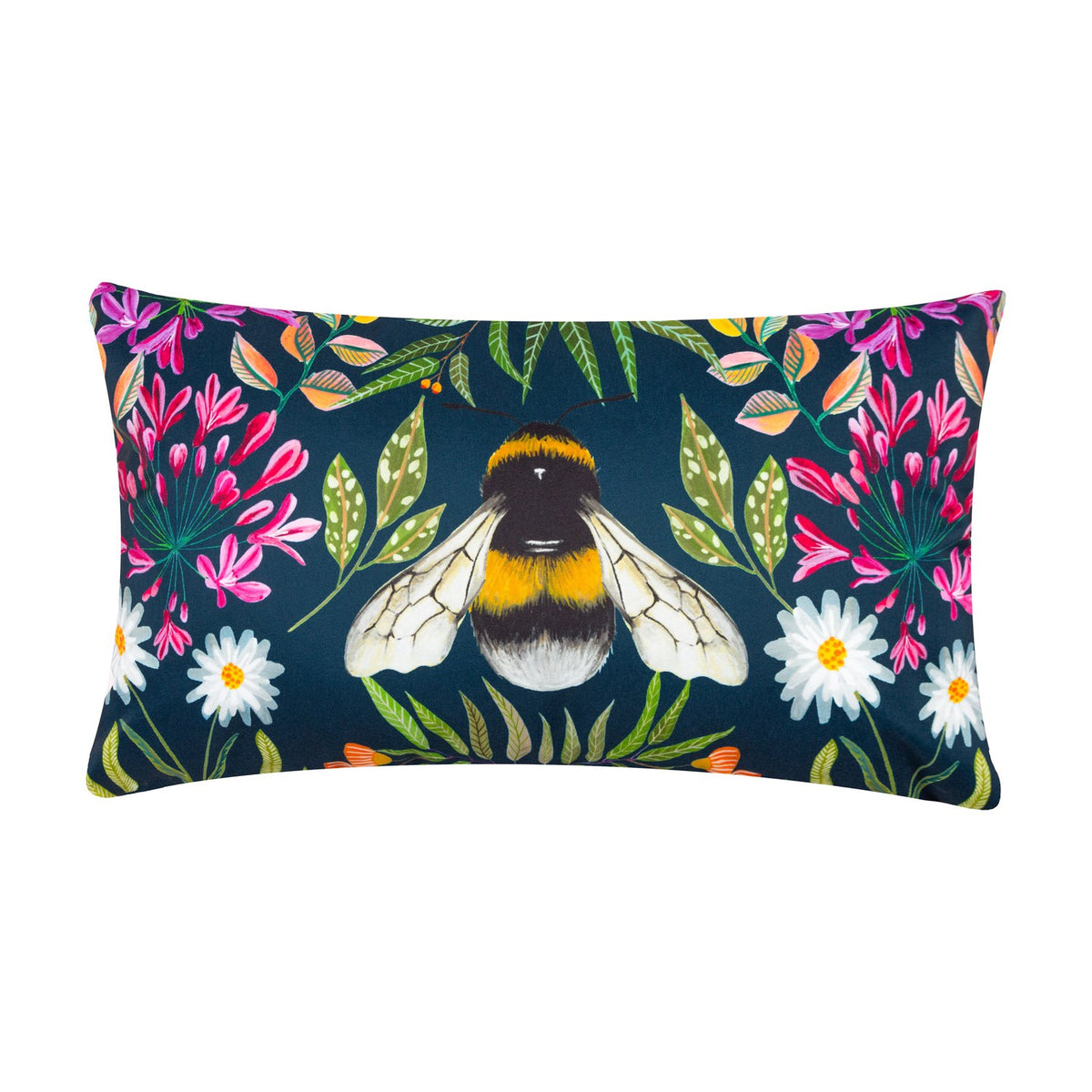 Rectangular navy polyester scatter cushion with a hand-painted bumble bee at its centre, surrounded by pink honeysuckle, white daisies and green foliage, shown on a plain white background.