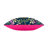 House of Bloom Zinnia Bee rectangular scatter cushion, side view showing navy floral polyester front with pink piping and plain neon pink reverse, on a white background.
