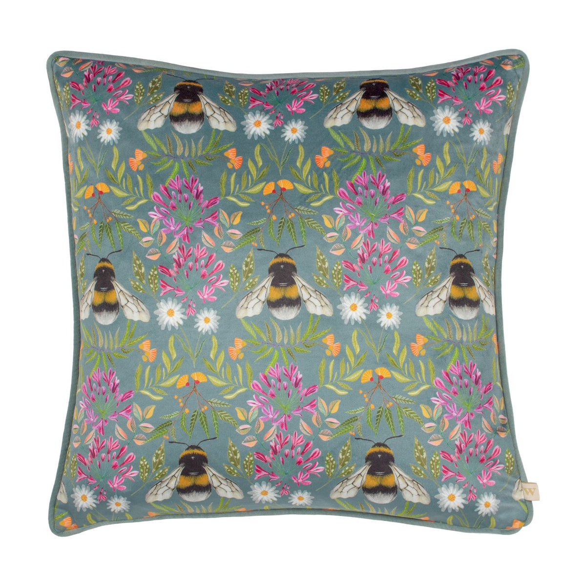 House of Bloom Floral Velvet Cushion, square with piped edge, blue-grey velvet printed with bumble bees, pink and white florals, and green foliage, shown on a white background.