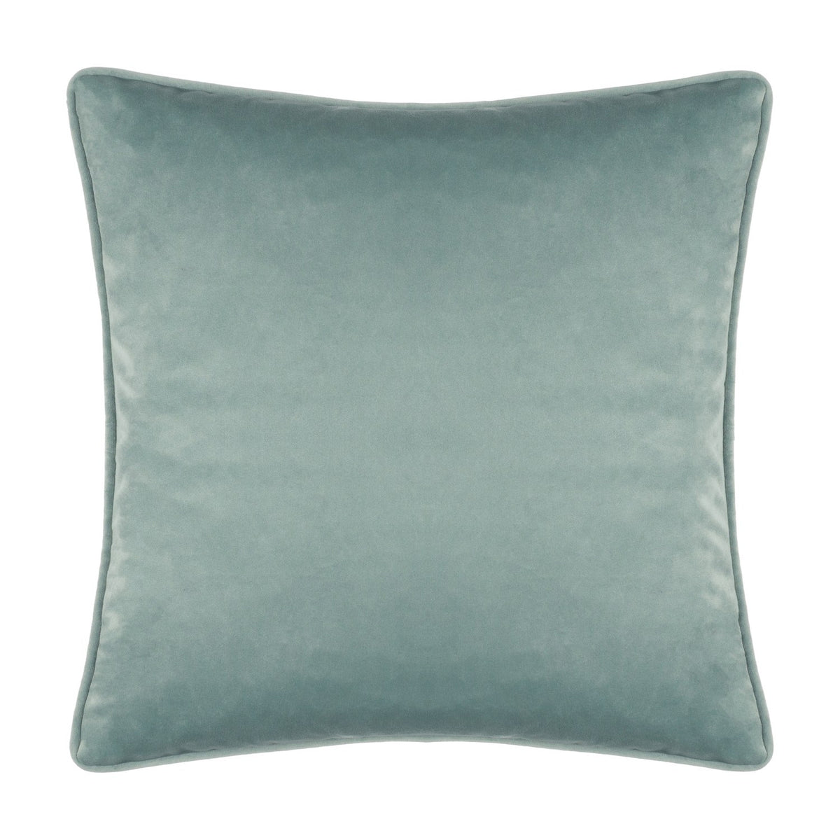 Square velvet cushion in plain sage-blue with a piped edge, shown reverse side against a plain white background.