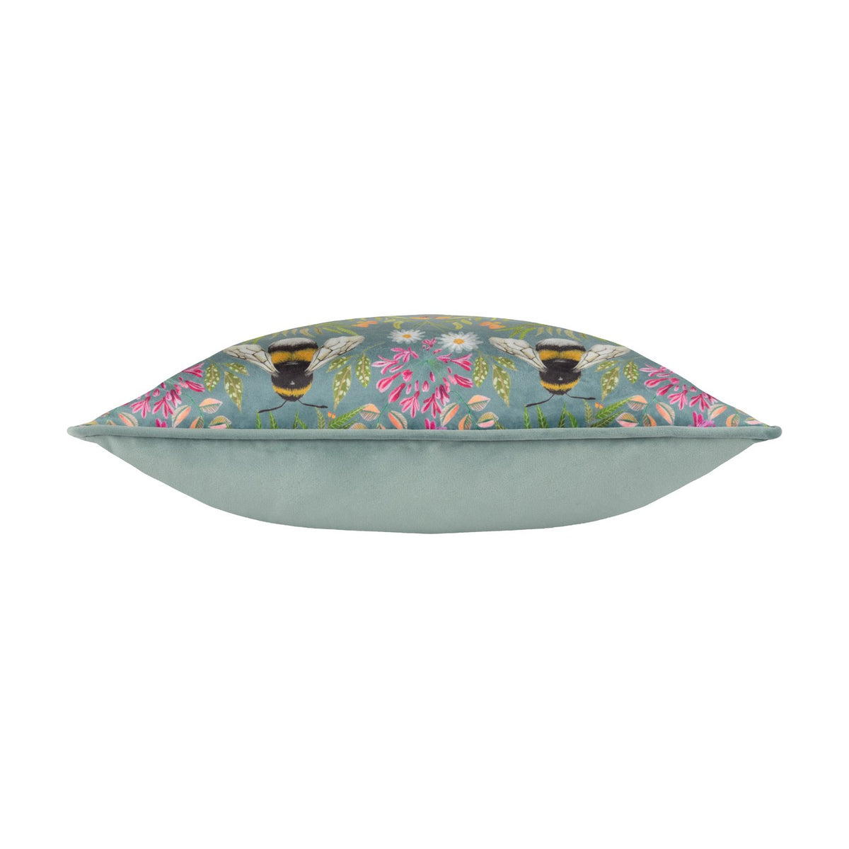 House of Bloom Floral Velvet Cushion shown side-on, blue-grey velvet with bumble bee and pink floral print visible along the top edge, plain white background.
