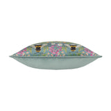 House of Bloom Floral Velvet Cushion shown side-on, blue-grey velvet with bumble bee and pink floral print visible along the top edge, plain white background.