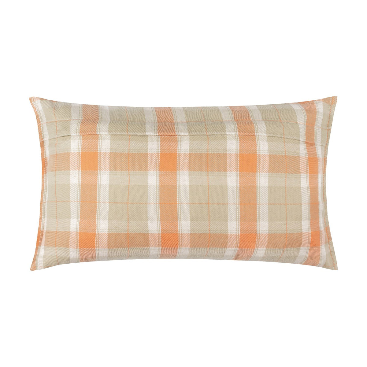 Rectangular cushion in Highland Cattle Linen Cotton, Russet, shown reverse side with an orange, sand and off-white check pattern, on a plain white background.