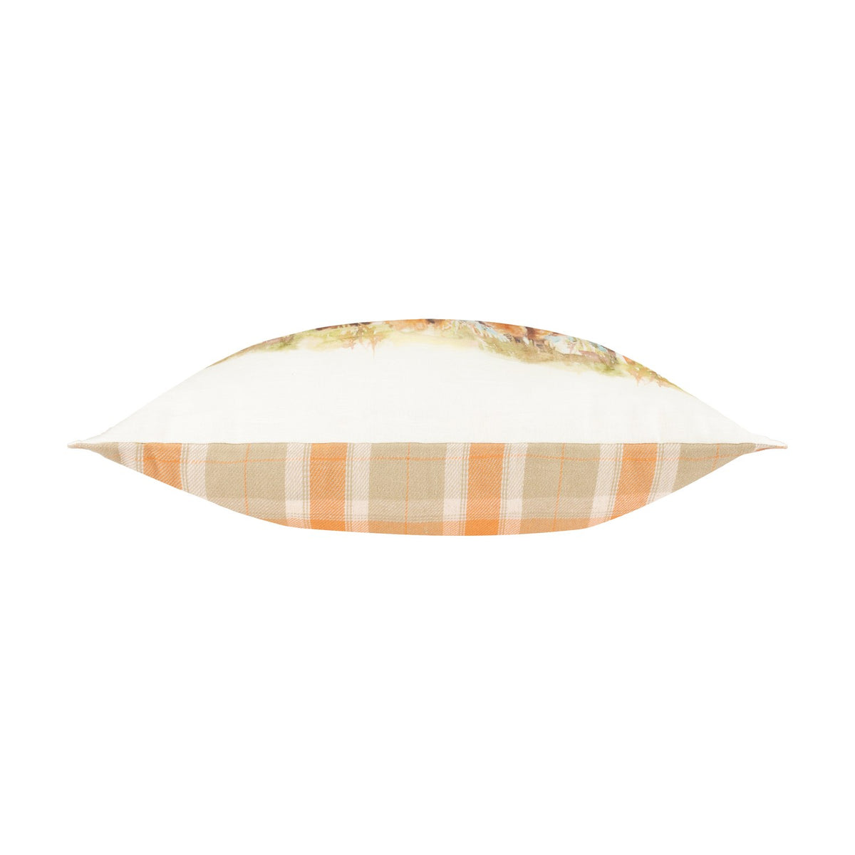 Side view of Highland Cattle Linen Cotton Cushion in Russet, showing cream fabric with painted cattle design on one edge and orange-and-sand check reverse, on a white background.