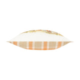Side view of Highland Cattle Linen Cotton Cushion in Russet, showing cream fabric with painted cattle design on one edge and orange-and-sand check reverse, on a white background.