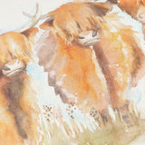 Highland Cattle Linen Cotton Cushion in Russet, close-up of hand-painted watercolour highland cows in amber and russet tones on a linen-cotton weave.