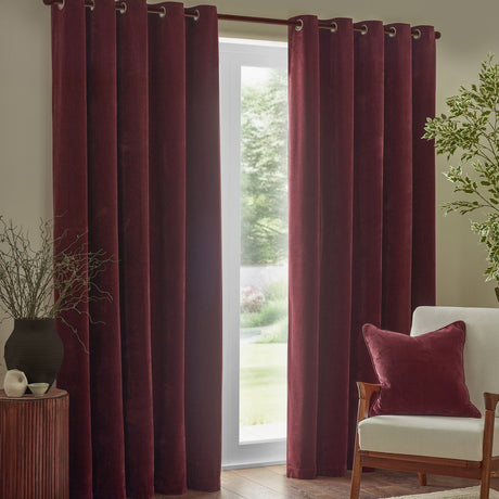 Heavy Chenille Velvet Lined Eyelet Curtains - Beetroot