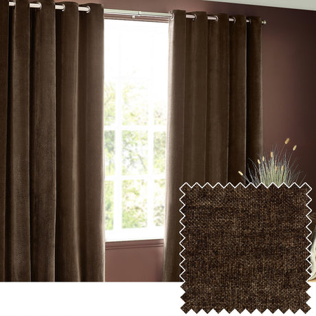 Heavy chenille velvet eyelet curtains in deep brown hung on a metal pole in a bedroom setting, with a fabric swatch detail showing the dense woven pile.