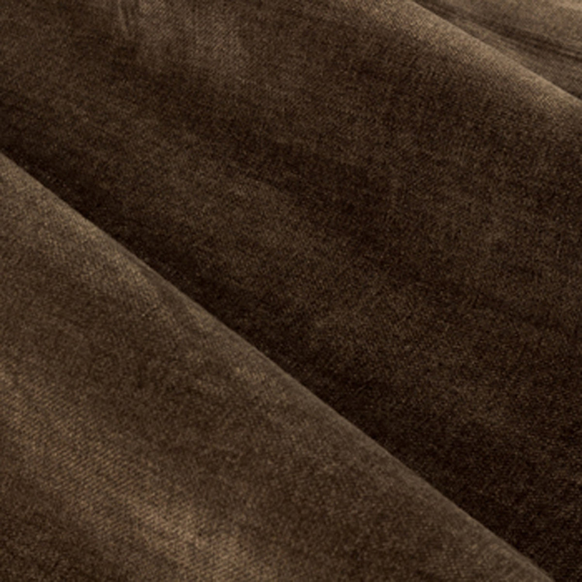Close-up of heavy chenille velvet eyelet curtain fabric in deep brown, showing the dense pile and soft nap catching light across folds.