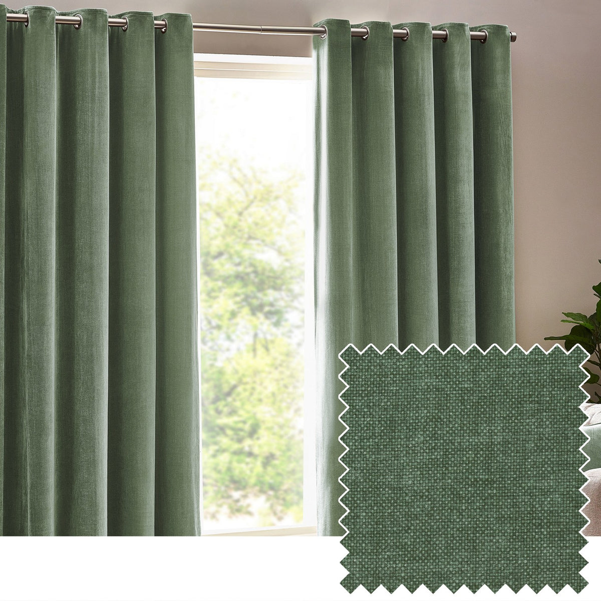 Heavy Chenille Velvet Lined Eyelet Curtains in eucalyptus green, shown as a pair with silver eyelet rings hanging in full folds beside a window, fabric swatch inset lower right.