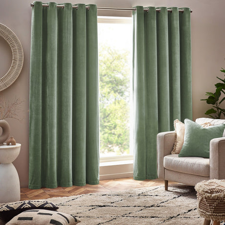 Heavy Chenille Velvet Lined Eyelet Curtains - Eucalyptus
