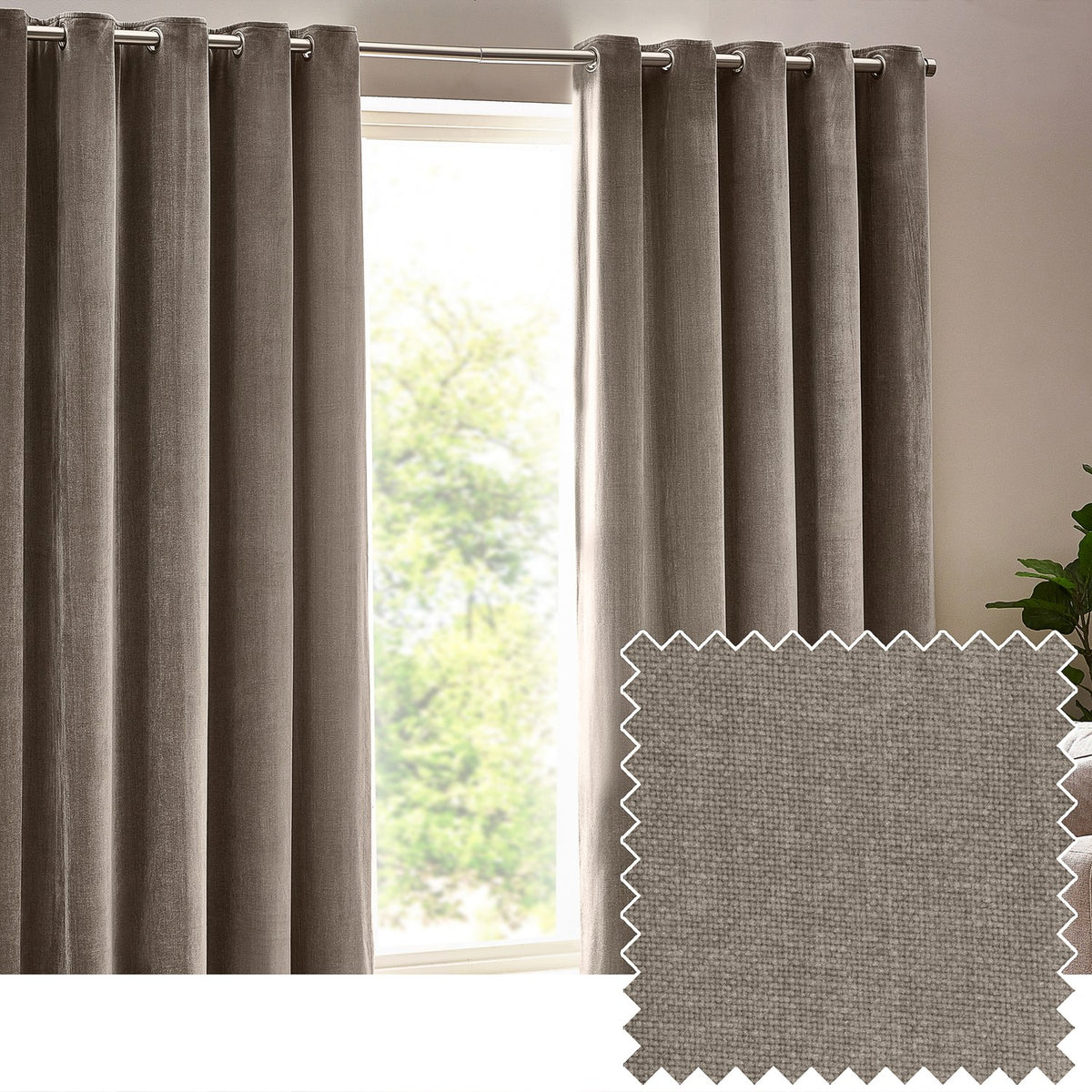 Heavy Chenille Velvet Lined Eyelet Curtains in greige hanging at a window in a living room, with a fabric swatch showing the woven chenille texture inset below.