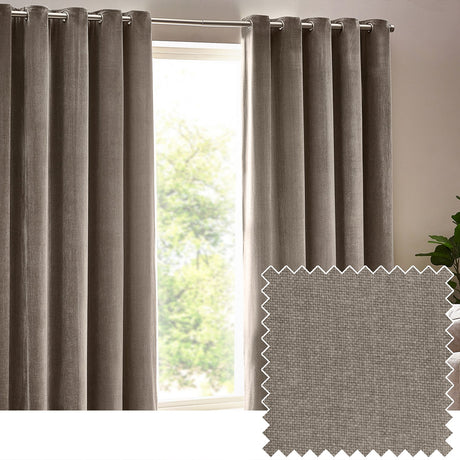 Heavy Chenille Velvet Lined Eyelet Curtains - Greige