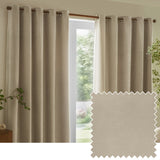 Heavy Chenille Linen Lined Eyelet Curtains in beige hang either side of a window on a wooden pole, shown with a matching linen-textured fabric swatch.