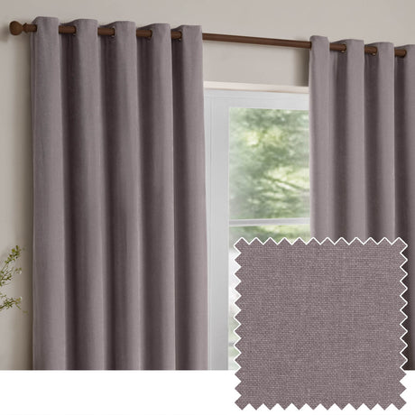 Heavy chenille velvet eyelet curtains in mauve, fully lined, hung on a wood pole beside a window, with a fabric swatch inset showing the woven texture.