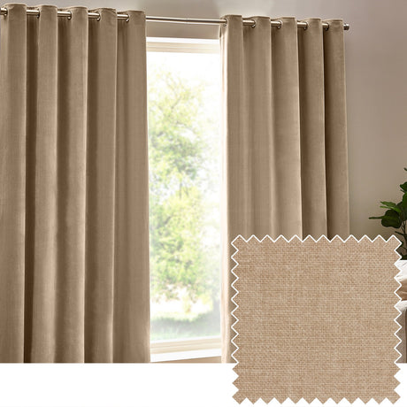 Natural beige eyelet curtains in heavy chenille velvet hung on a metal pole beside a window, with a fabric swatch showing the woven texture inset.