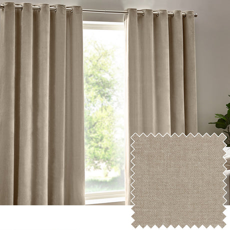 Natural beige Heavy Chenille Velvet Lined Eyelet Curtains hung on a metal pole beside a window, shown with a woven fabric swatch sample.