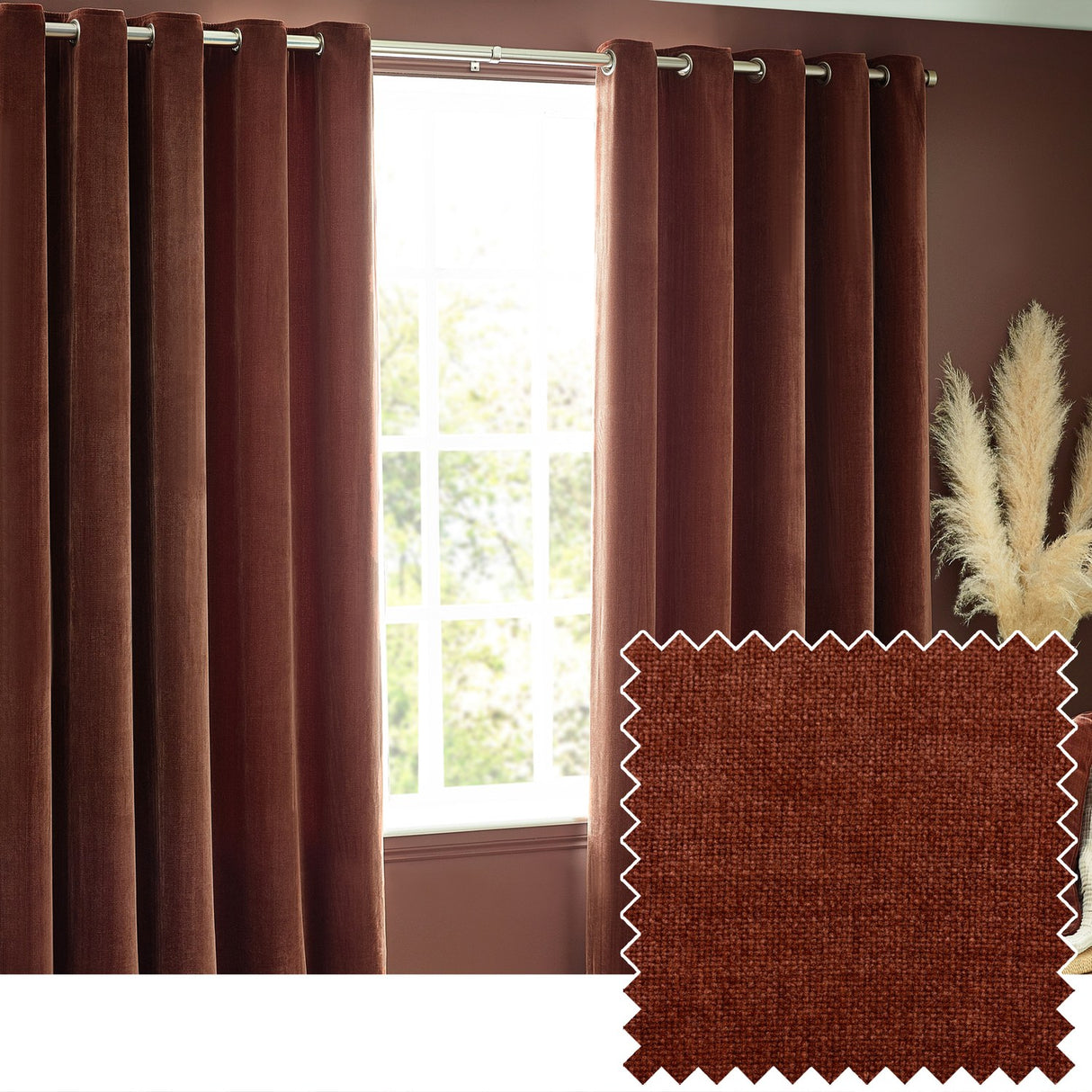 Heavy Chenille Velvet Lined Eyelet Curtains - Nutmeg