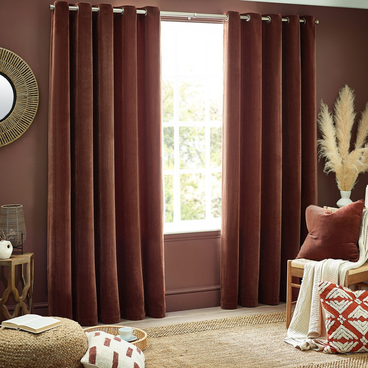 Heavy Chenille Velvet Lined Eyelet Curtains - Nutmeg