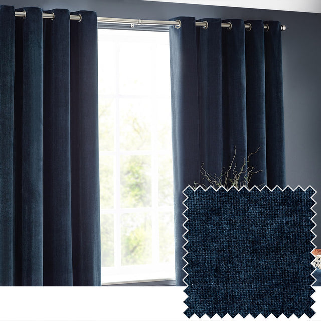 Navy chenille velvet eyelet curtains hung on a brushed metal pole beside a window, with a fabric swatch inset showing the dense woven texture.