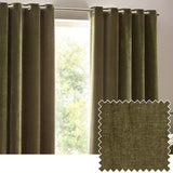 Heavy Chenille Velvet Lined Eyelet Curtains in olive, hung on a brushed metal pole beside a window, shown with a close-up fabric swatch revealing the woven chenille texture.