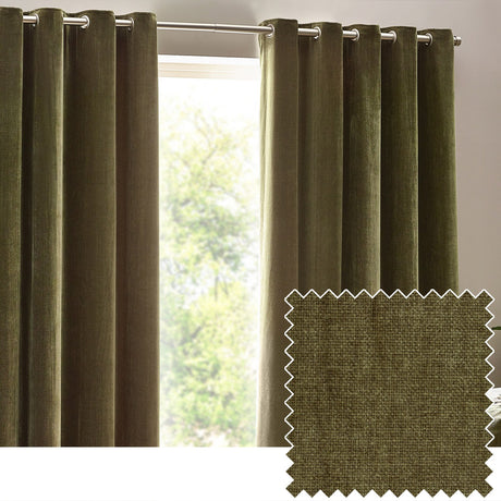 Heavy Chenille Velvet Lined Eyelet Curtains in olive, hung on a brushed metal pole beside a window, shown with a close-up fabric swatch revealing the woven chenille texture.
