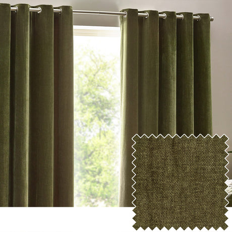 Heavy Chenille Velvet eyelet curtains in olive, hung on a chrome pole by a bright window, with a fabric swatch inset showing the woven chenille texture.