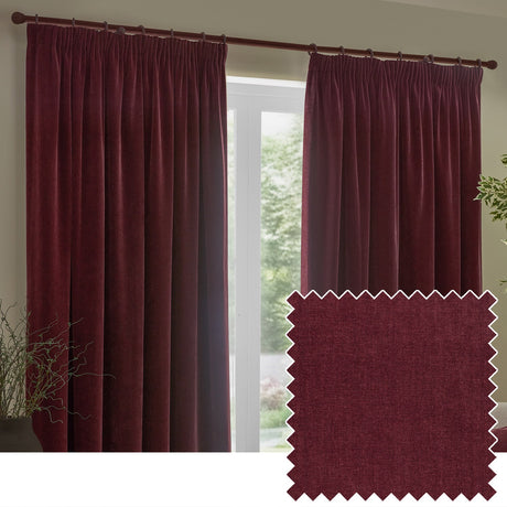 Heavy chenille velvet pencil pleat curtains in deep beetroot red, hung on a pole in a living room window, with a matching fabric swatch shown inset.