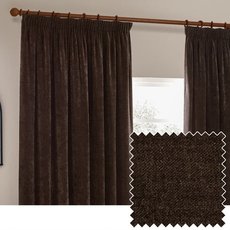 Brown pencil pleat curtains in heavy chenille velvet fabric, hung from a wooden pole in a living room, with a fabric swatch inset showing the textured weave.