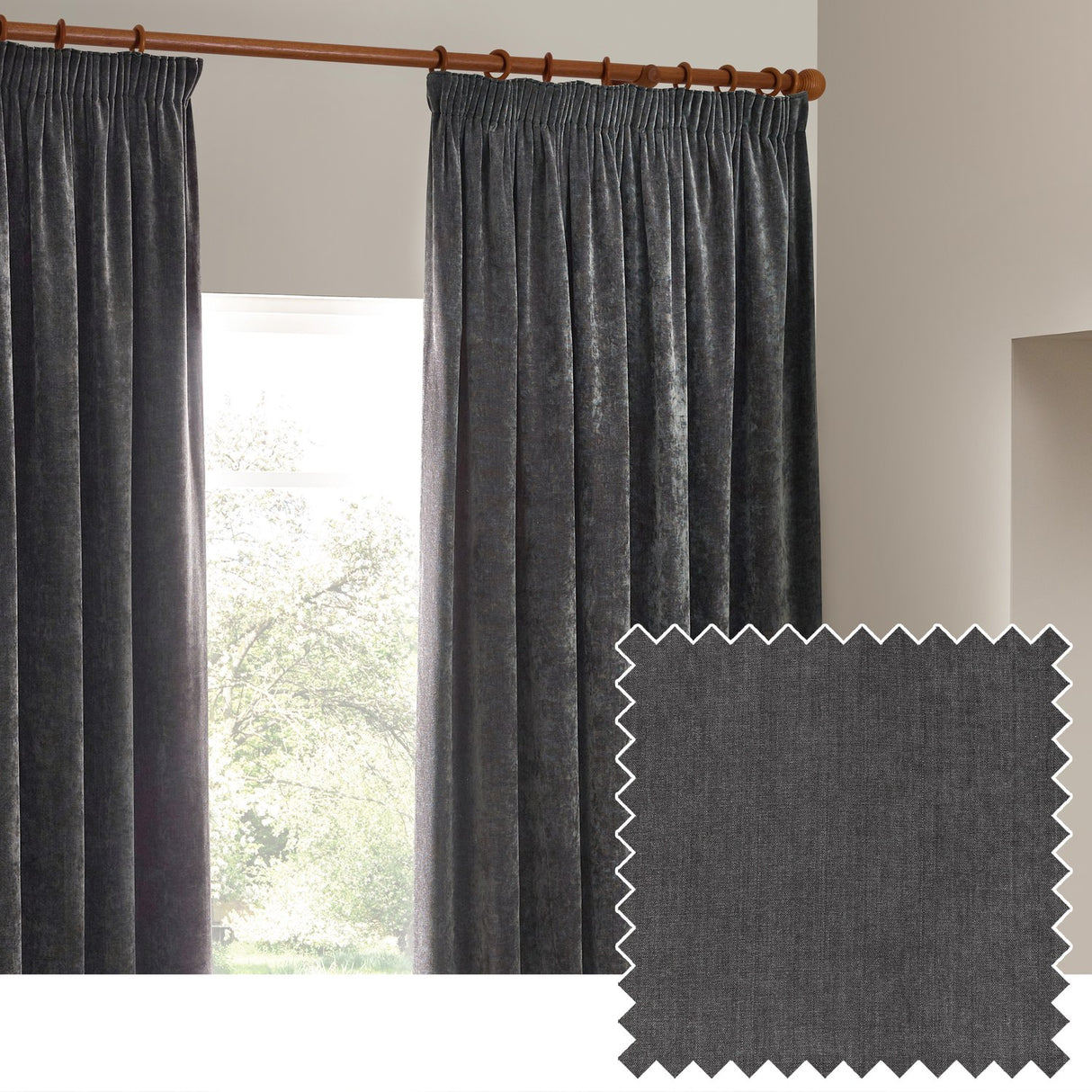 Heavy Chenille Plain Velvet Pencil Pleat Curtains - Charcoal