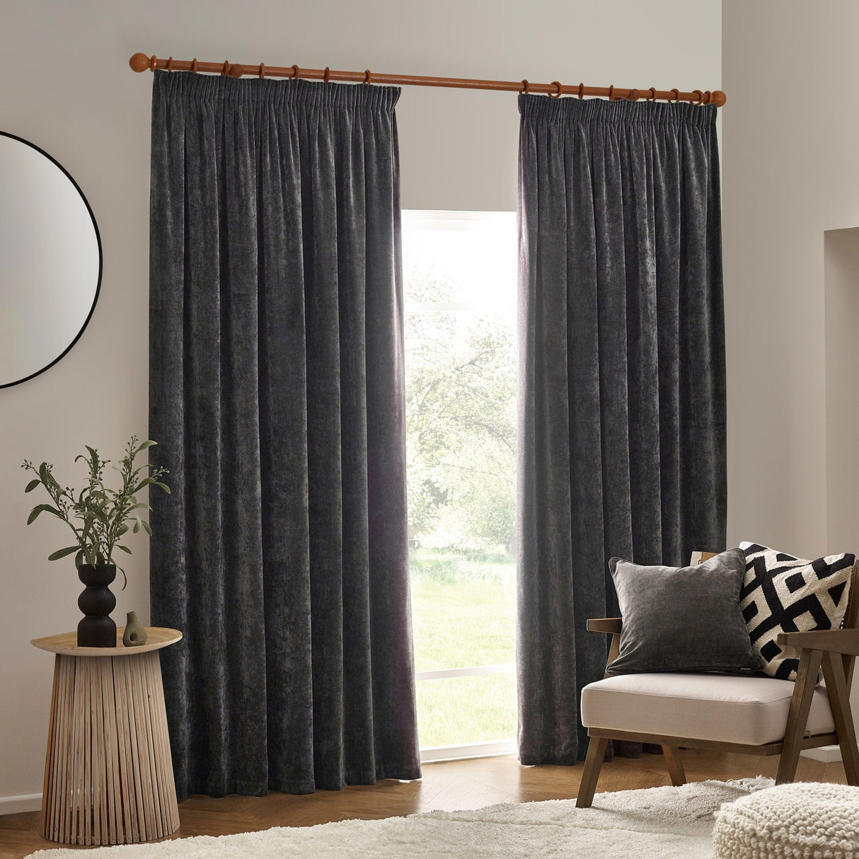 Heavy Chenille Plain Velvet Pencil Pleat Curtains - Charcoal