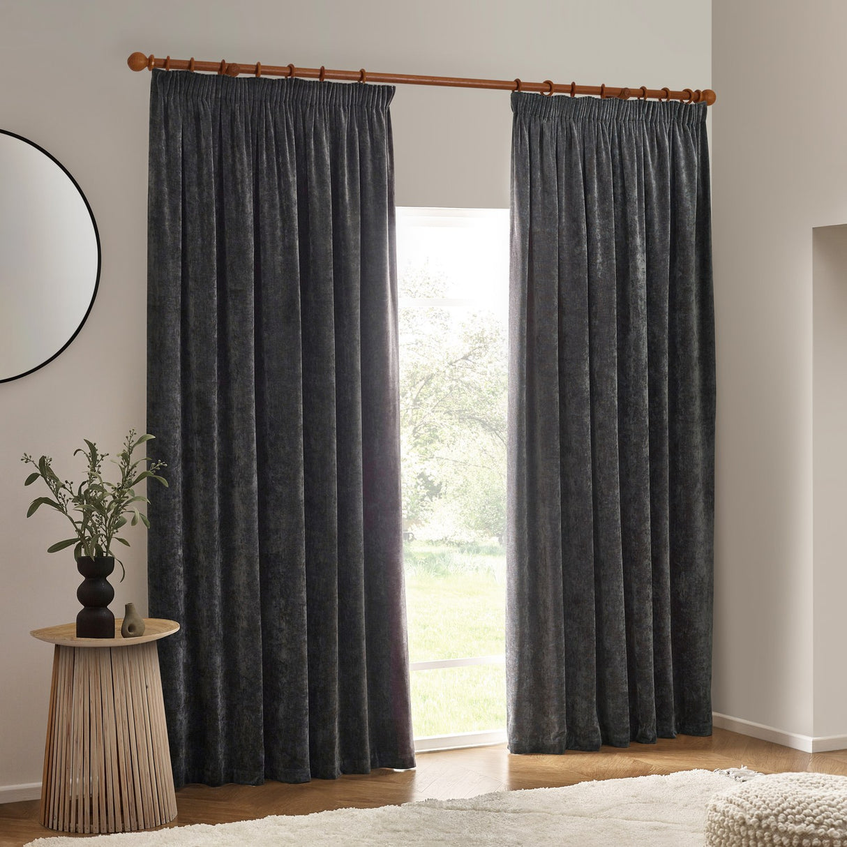 Heavy Chenille Plain Velvet Pencil Pleat Curtains - Charcoal