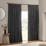 Heavy Chenille Plain Velvet Pencil Pleat Curtains - Charcoal