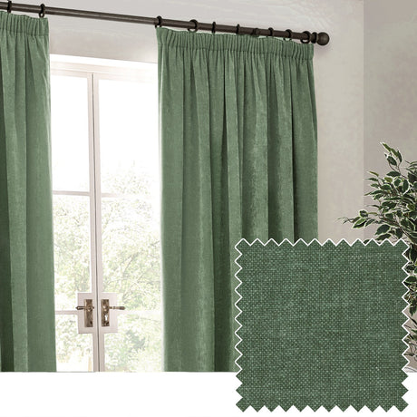 Heavy chenille velvet pencil pleat curtains in eucalyptus green hanging at a French door, with a fabric swatch showing the woven texture inset.